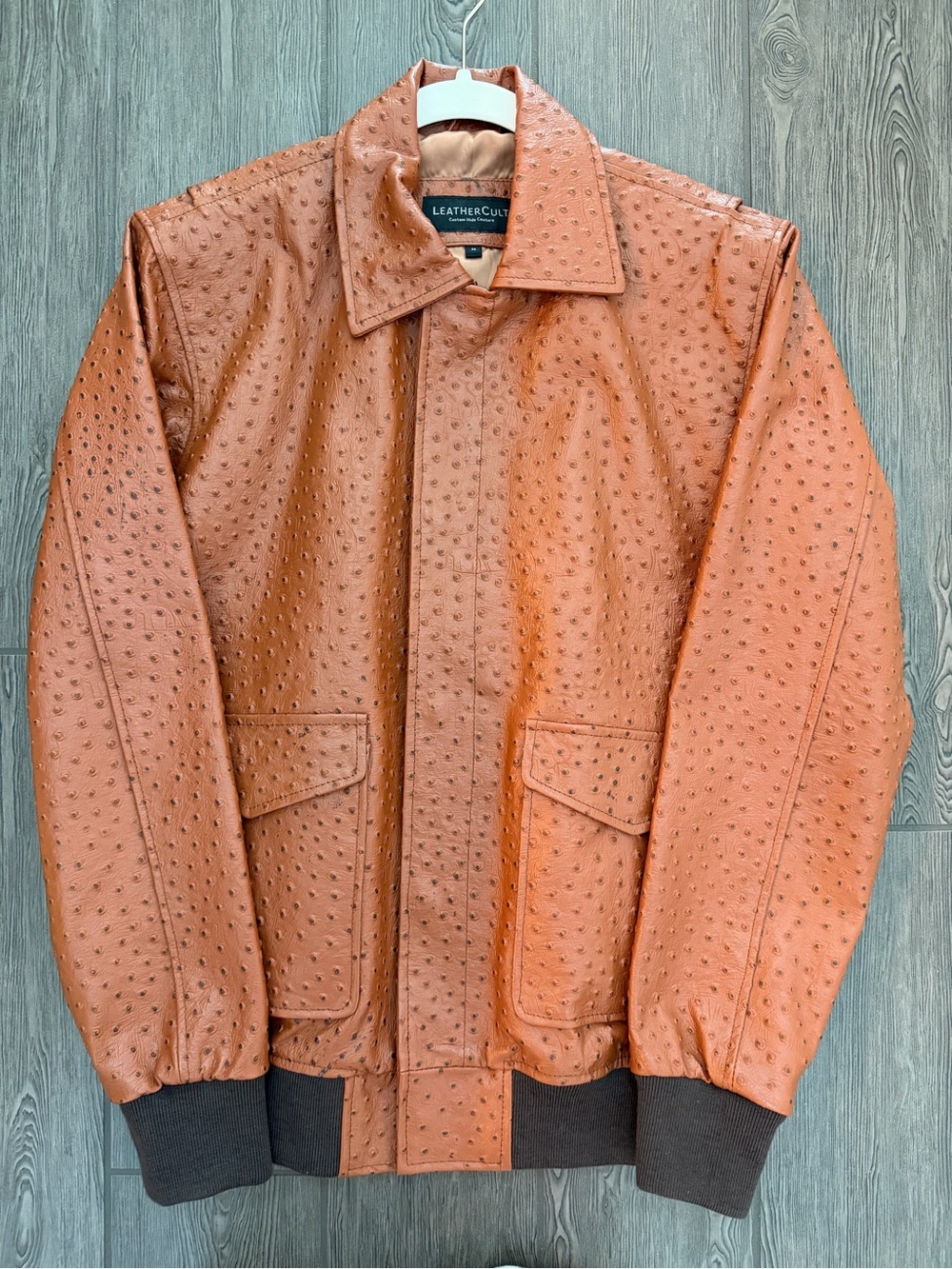 Men's Tan Ostrich-Texture Bomber Jacket